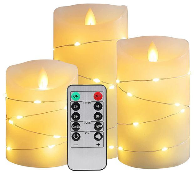 סט שלישיית נרות לד אלקטרוניים עם להבה זזה וחוט לד מאיר מסביב הפעלה עם שלט וסוללות סט שלישיית נרות לד אלקטרוניים עם להבה זזה וחוט לד מאיר מסביב הפעלה עם שלט וסוללות